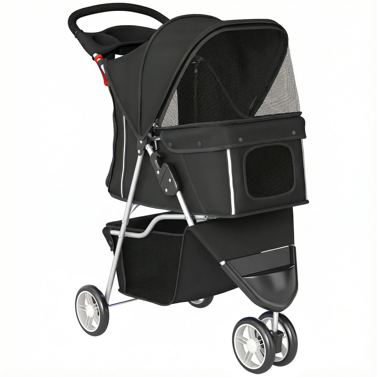 Foldable Pet Stroller Dog Buggy with Storage Basket, Cushion, Mesh Windows, and Cup Holder for Small Dogs up to