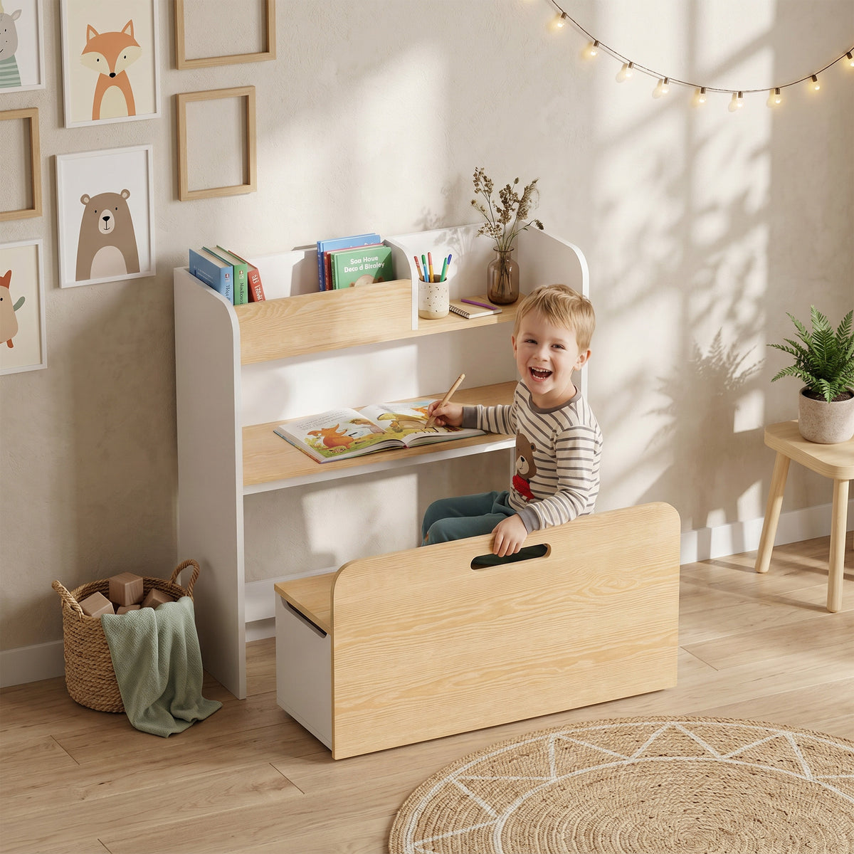 Children's table with bench, 5-in-1 children's furniture set with bookshelf, rolling toy chest bench with (2)