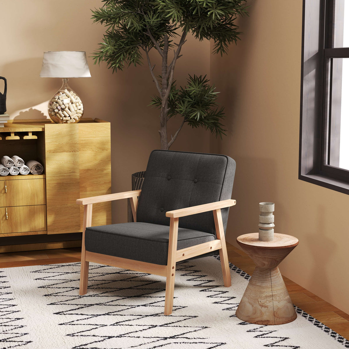 Single sofa lounge chair upholstered chair with armrests wooden frame linen grey 64.5 x 70 x 74 cm (2)