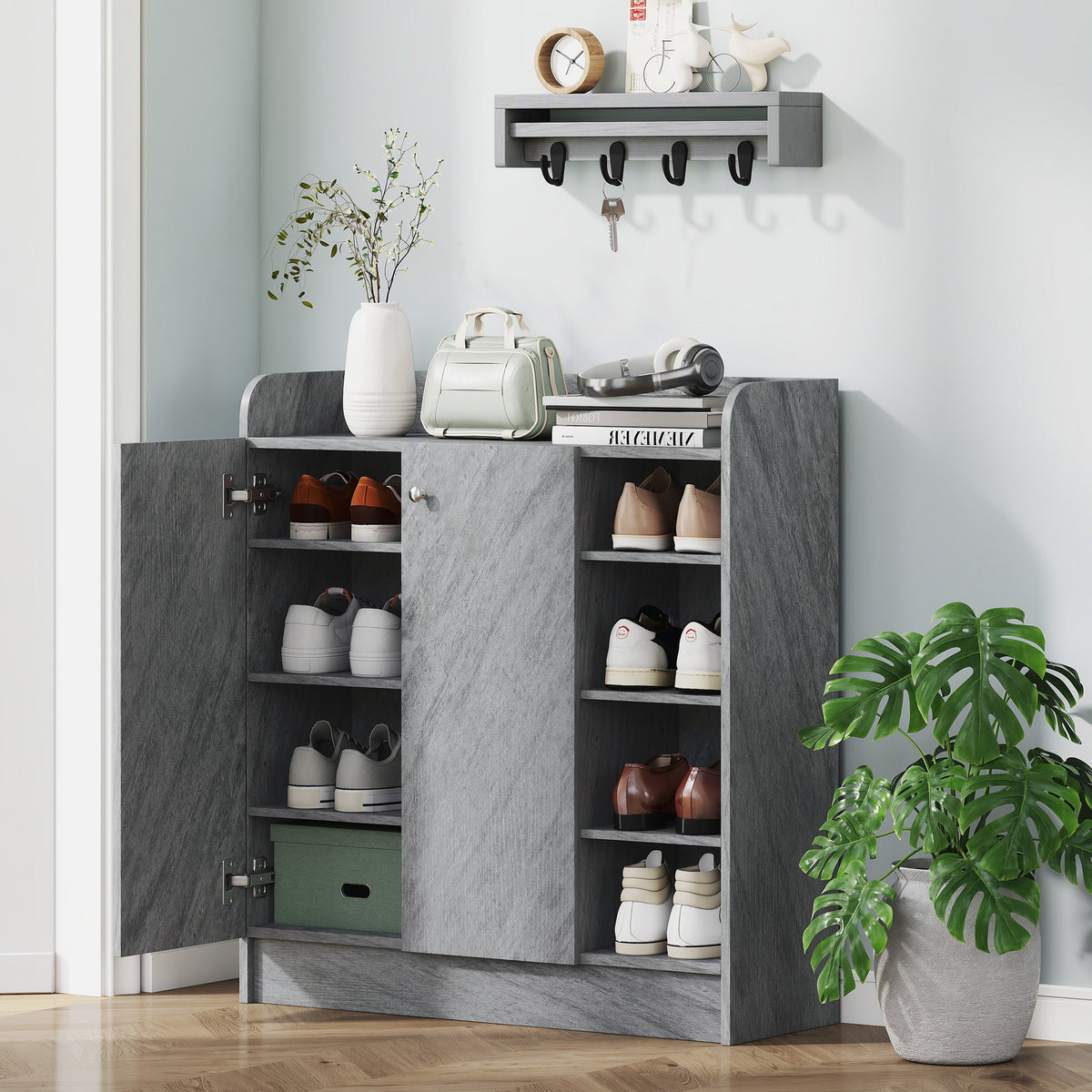 Shoe cabinet, space for 12 pairs of shoes, 2 doors and 4 open compartments, for hallway or entrance area, grey (2)