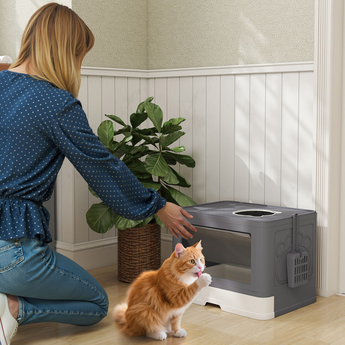 Cat litter box, litter tray with cover, 2 exits, 48.5 x 38 x 36.5 cm, grey + white (2)