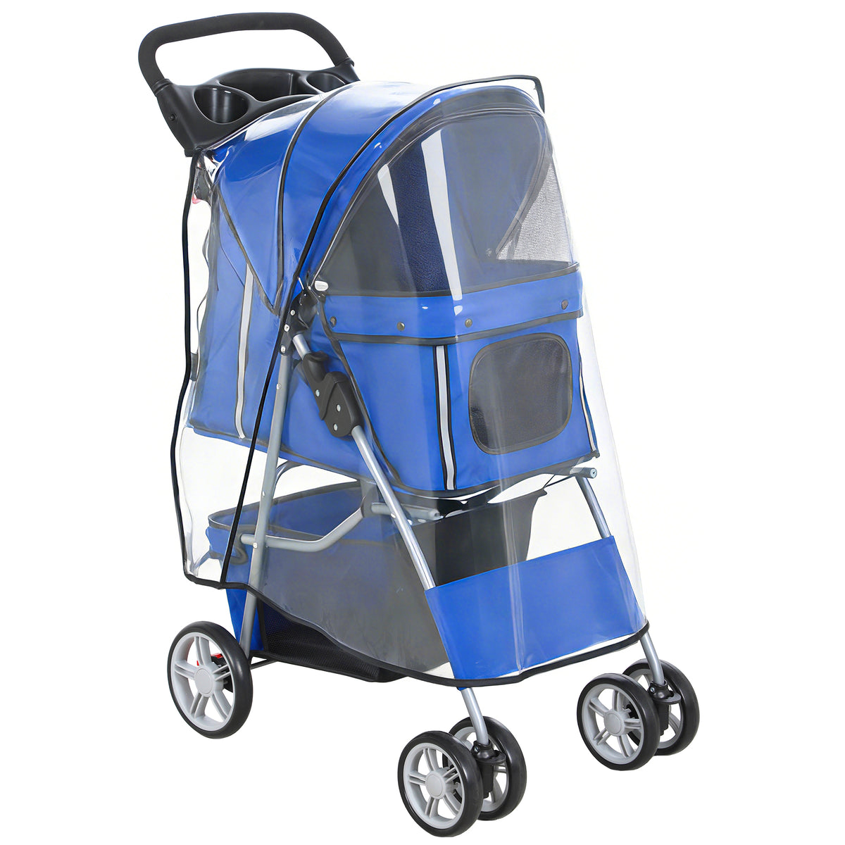 Dog Stroller Foldable Cat Stroller up to 10kg with Rain Cover Reflective Strips Storage Basket 77x44x102cm Blue