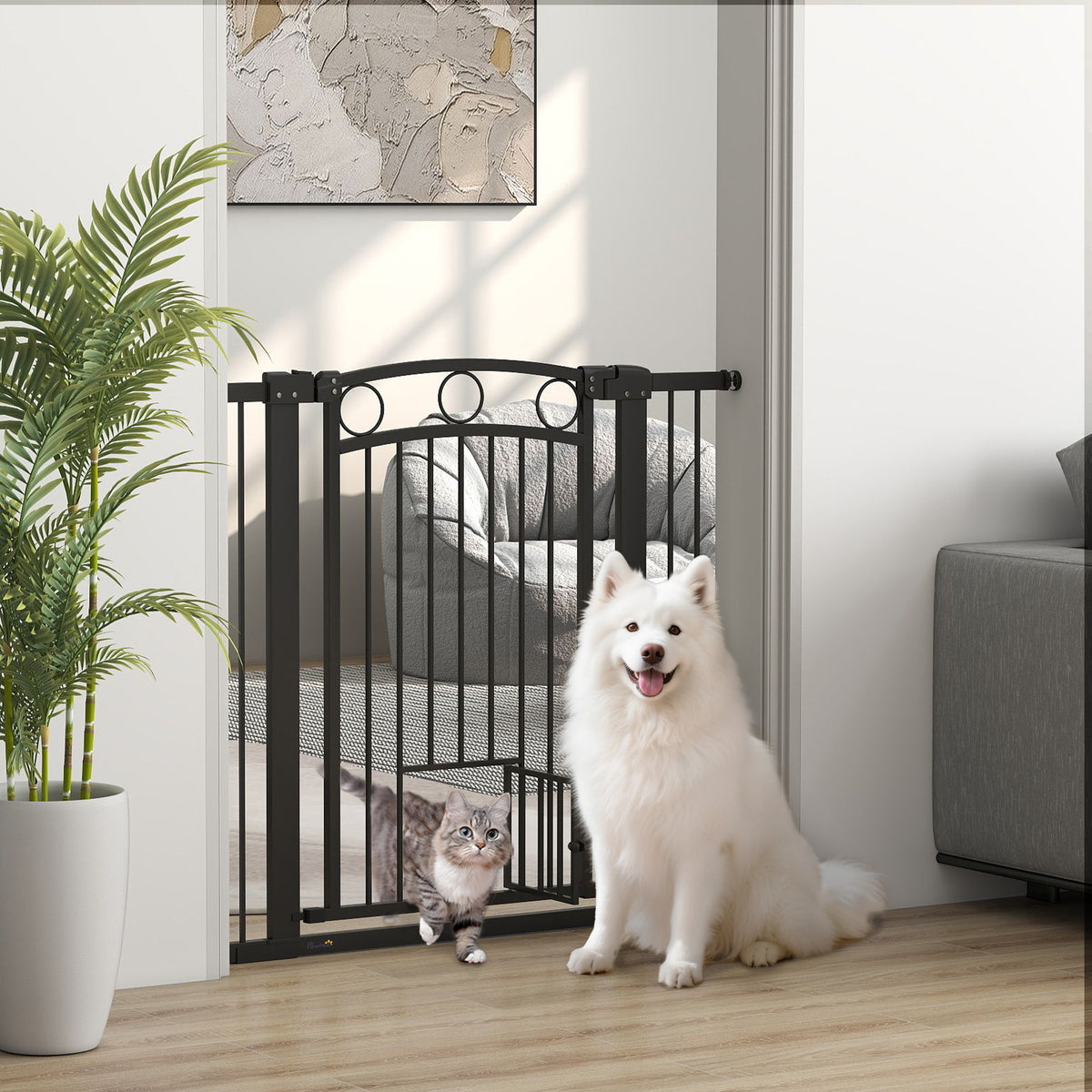 Pet gate, 96 cm stair gate, adjustable width 76-104 cm, with cat door, for stairs and doorways, black (2)
