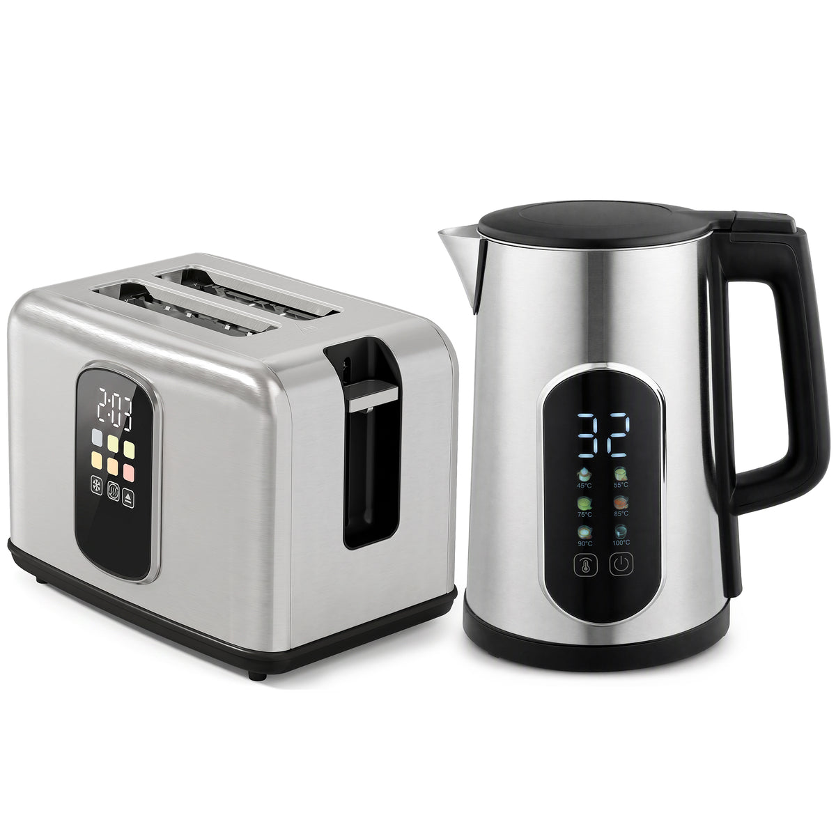 1.5 L kettle, 2200 W, with LED touchscreen, 2-slice toaster with 6 browning levels, silver