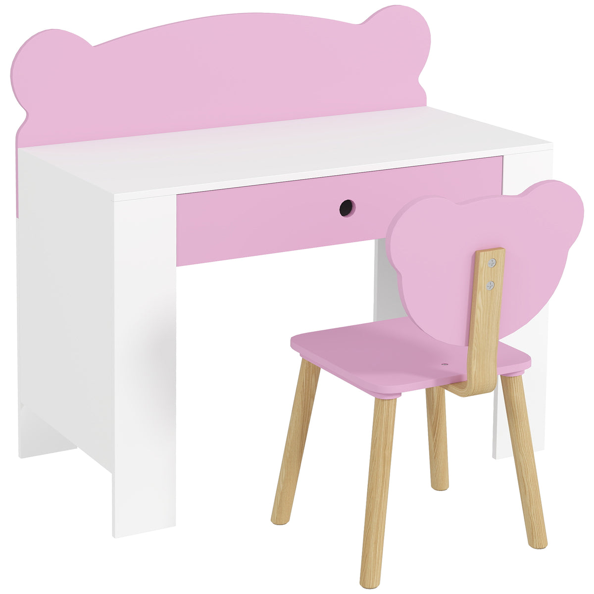 Desk set for children, desk and chair with bear design, drawer, for writing and crafting, 3-8 years, pink