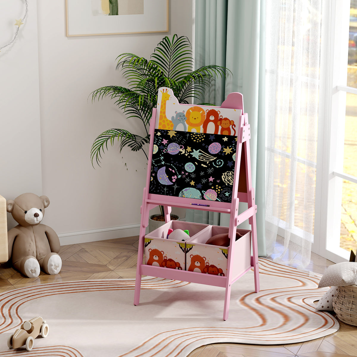 2-in-1 Kids' Art Easel with Whiteboard, Blackboard, Storage Bins, for Children Aged 3-8 Years, Pink (2)