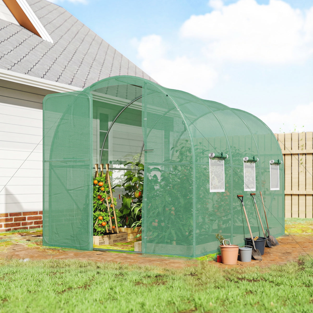Greenhouse 3 x 2 x 2 m Foil Greenhouse with Lockable Hinged Door, 6 Roll-up Mesh Windows, and Support Poles (2)