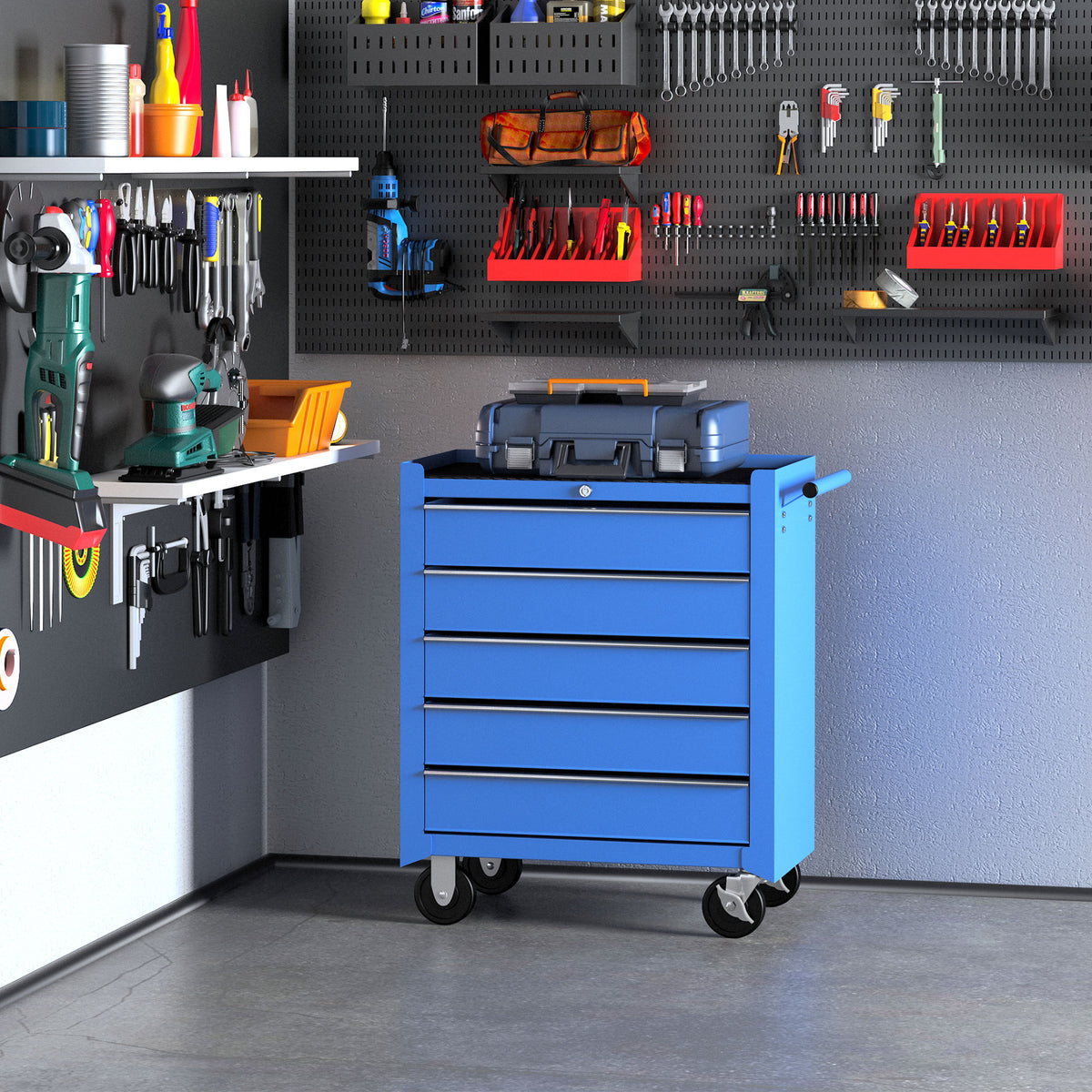 Mobile workshop trolley tool cart rolling cart tool box with 5 drawers blue (2)