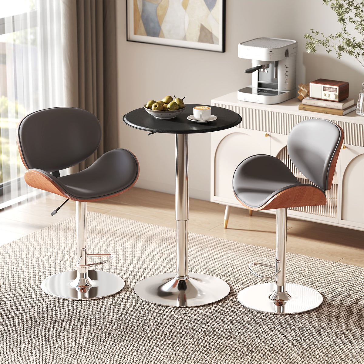 Bar table, height-adjustable, faux leather upholstery, vintage design, black + silver (2)