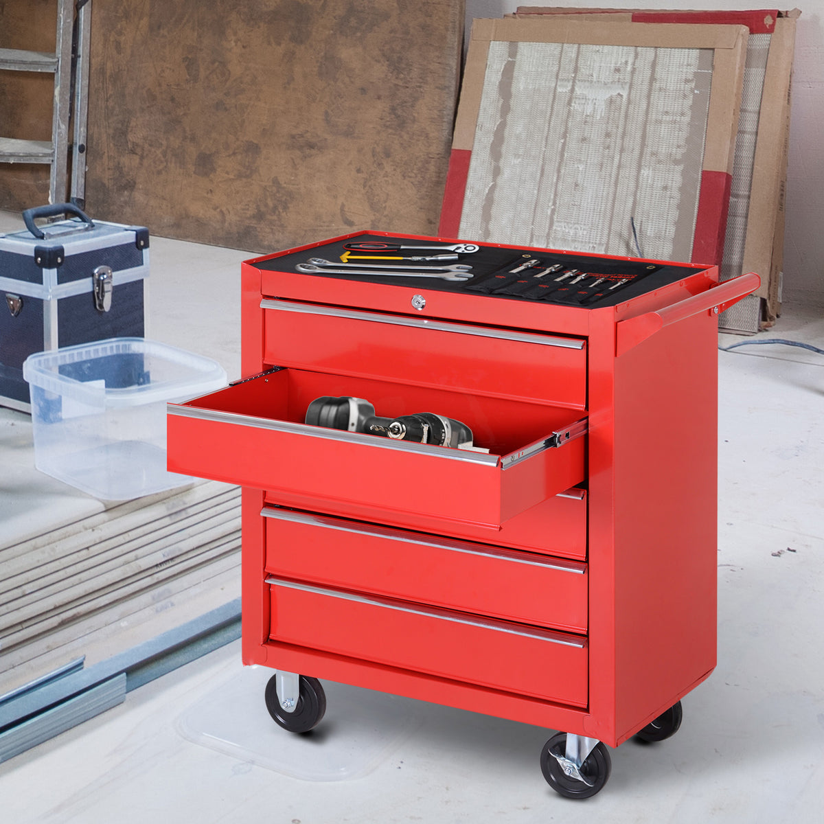 Rolling cabinet, tool cabinet for garage, shed, steel, 69L x 33W x 75H cm, red (2)