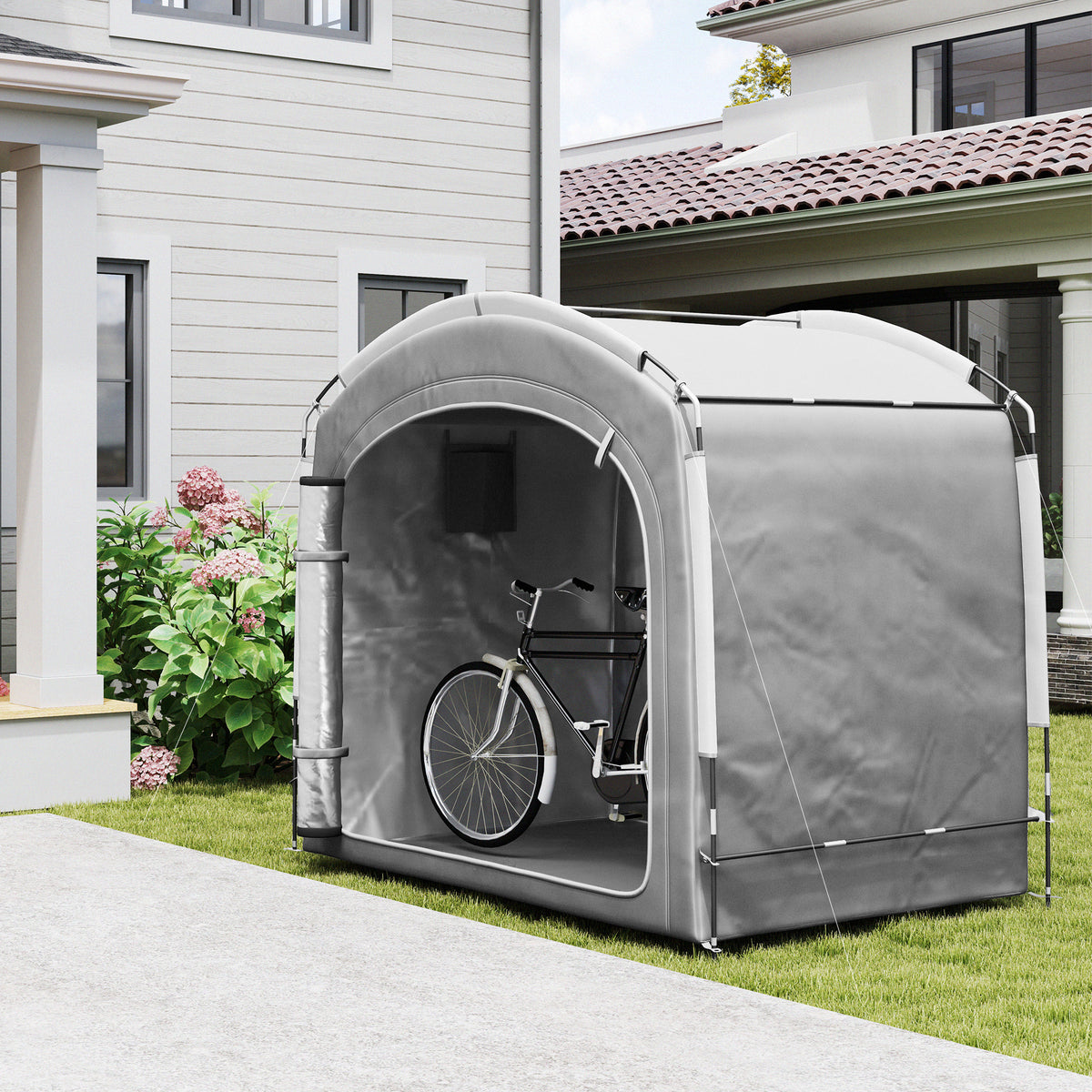 Bicycle storage tent, portable bike cover for 3-4 bikes with 2 side pockets, 205 x 140 x 188 cm, dark grey (2)