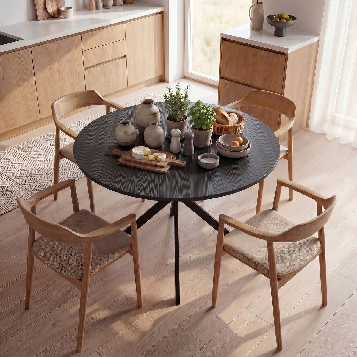 Round dining table for 4 people, industrial-style kitchen table with steel legs, for dining room, kitchen, black (2)