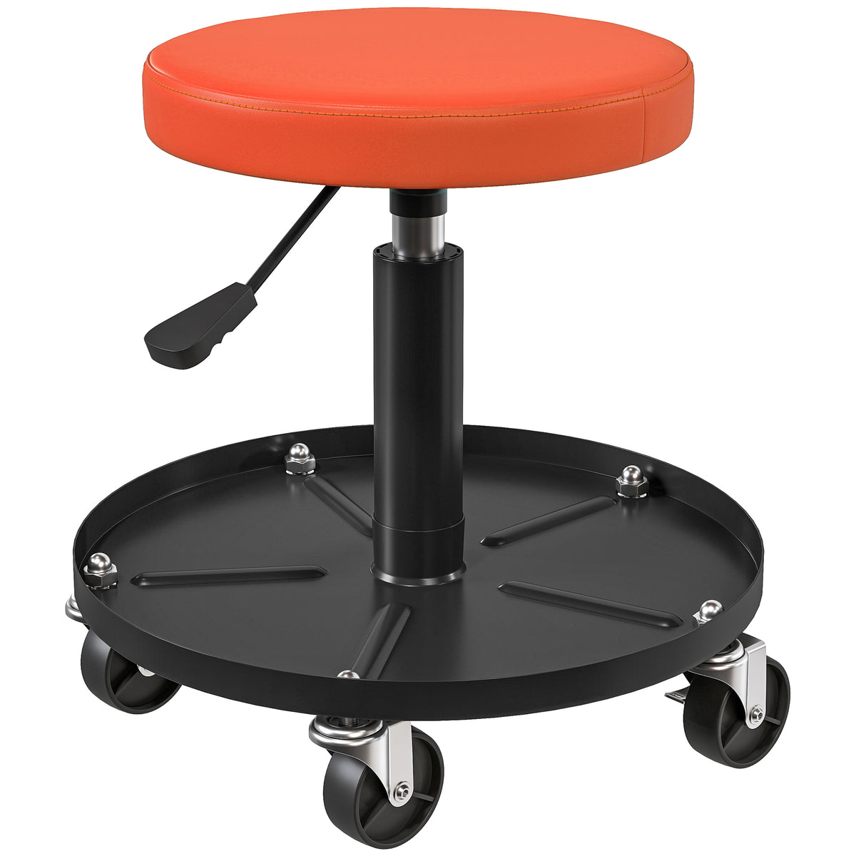 Workshop stool with wheels, storage shelf, height-adjustable 38-50cm, load capacity up to 135 kg, orange