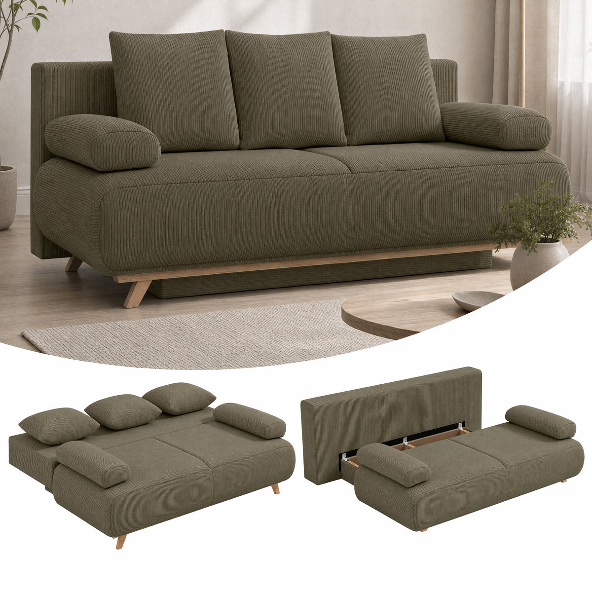 Sofa bed with adjustable backrest, bed function, hidden storage space and corduroy cover, dark green (2)