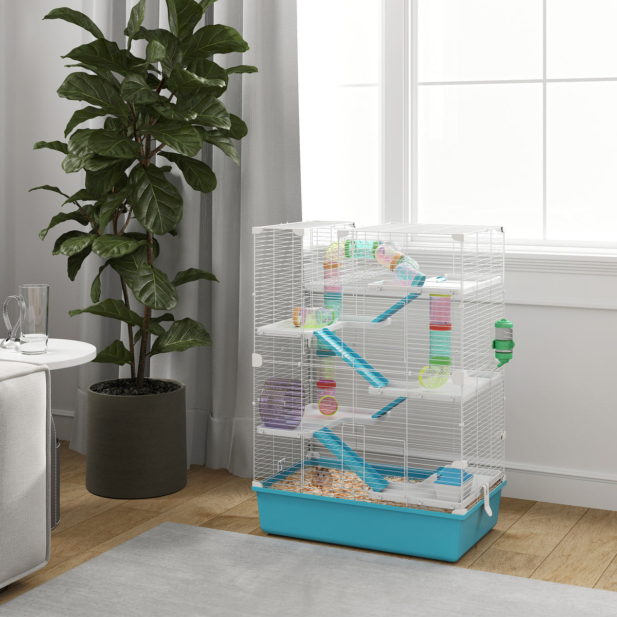 6-story hamster cage with tubes, tunnels, hut, exercise wheel, food bowl, water bottle, ramps, light blue (2)
