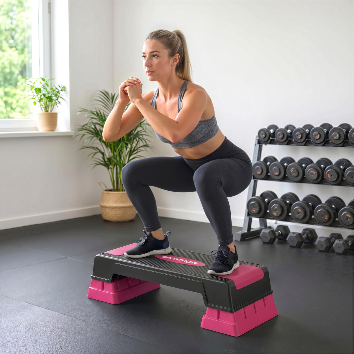 Height-adjustable fitness aerobic stepper with 3 levels (12/17.5/22.5 cm), anti-slip mat, black + pink (2)