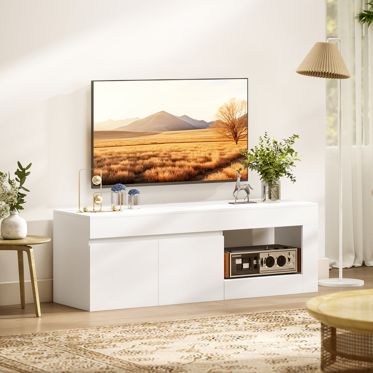 Modern TV stand for the living room with 2 doors, open compartment and handles, for TVs up to 60 inches, 140 x (2)