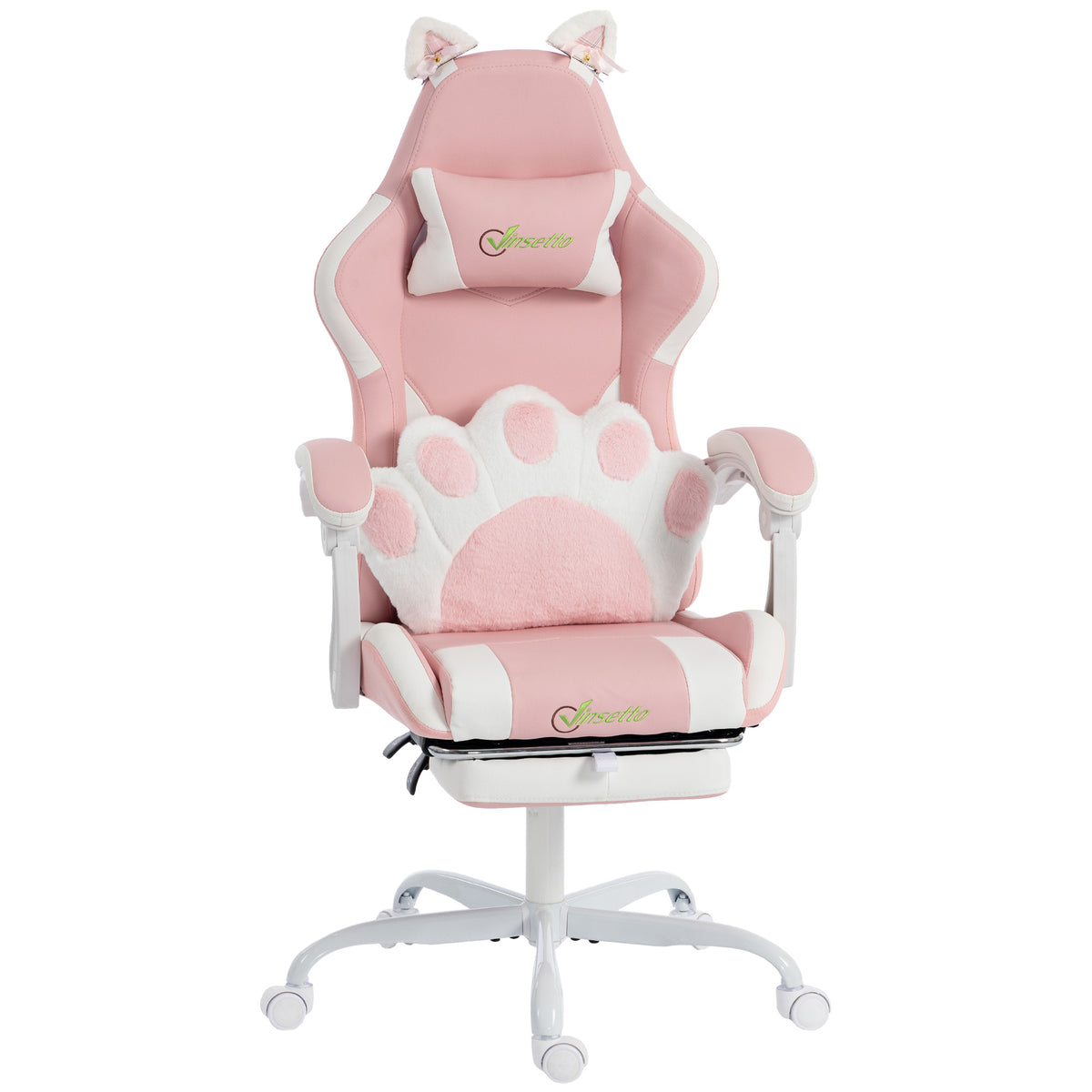 Ergonomic gaming chair, faux leather gamer chair with cat ears, lumbar support, footrest, headrest, pink