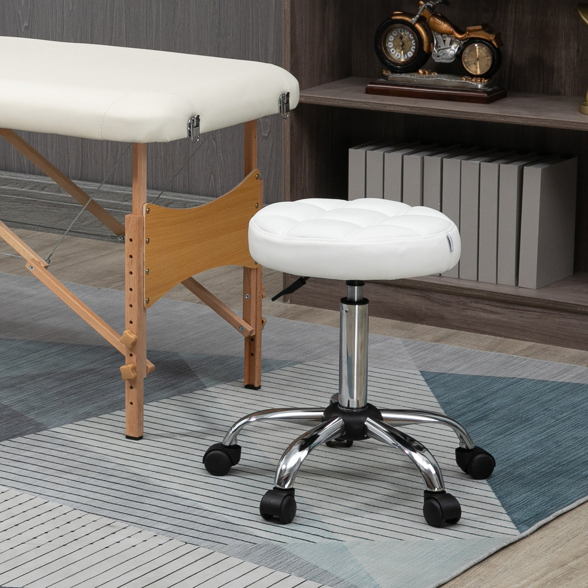 Swivel stool, salon stool, height-adjustable, faux leather, quilted design, Ø35.5 x 48-63 cm, white/silver (2)