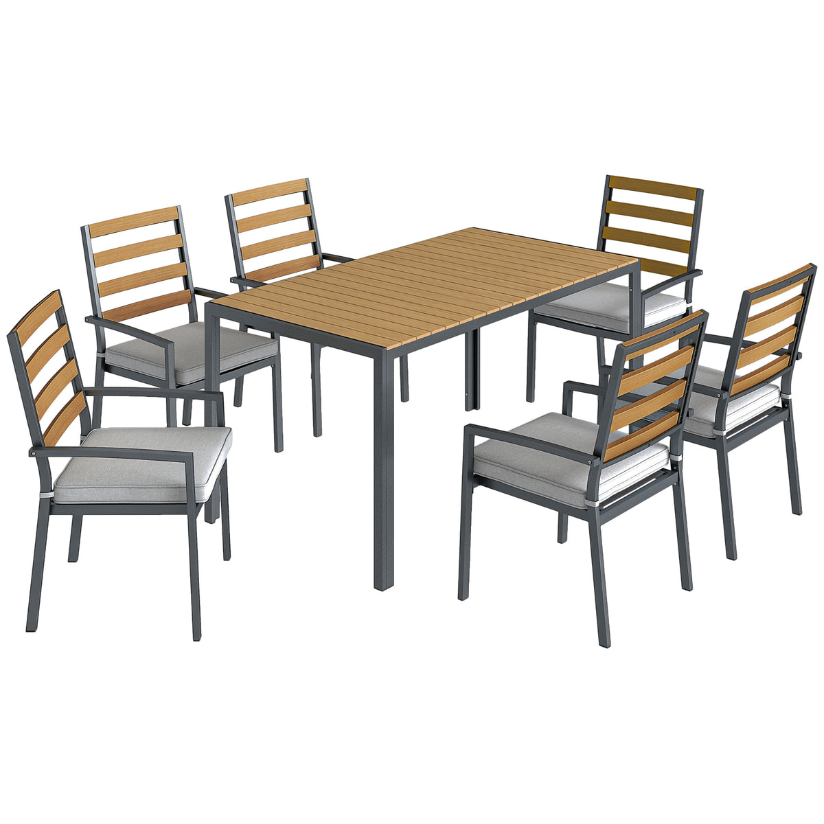 6-piece garden dining set, outdoor furniture with 1 dining table, 6 chairs, cushions for patio, natural wood