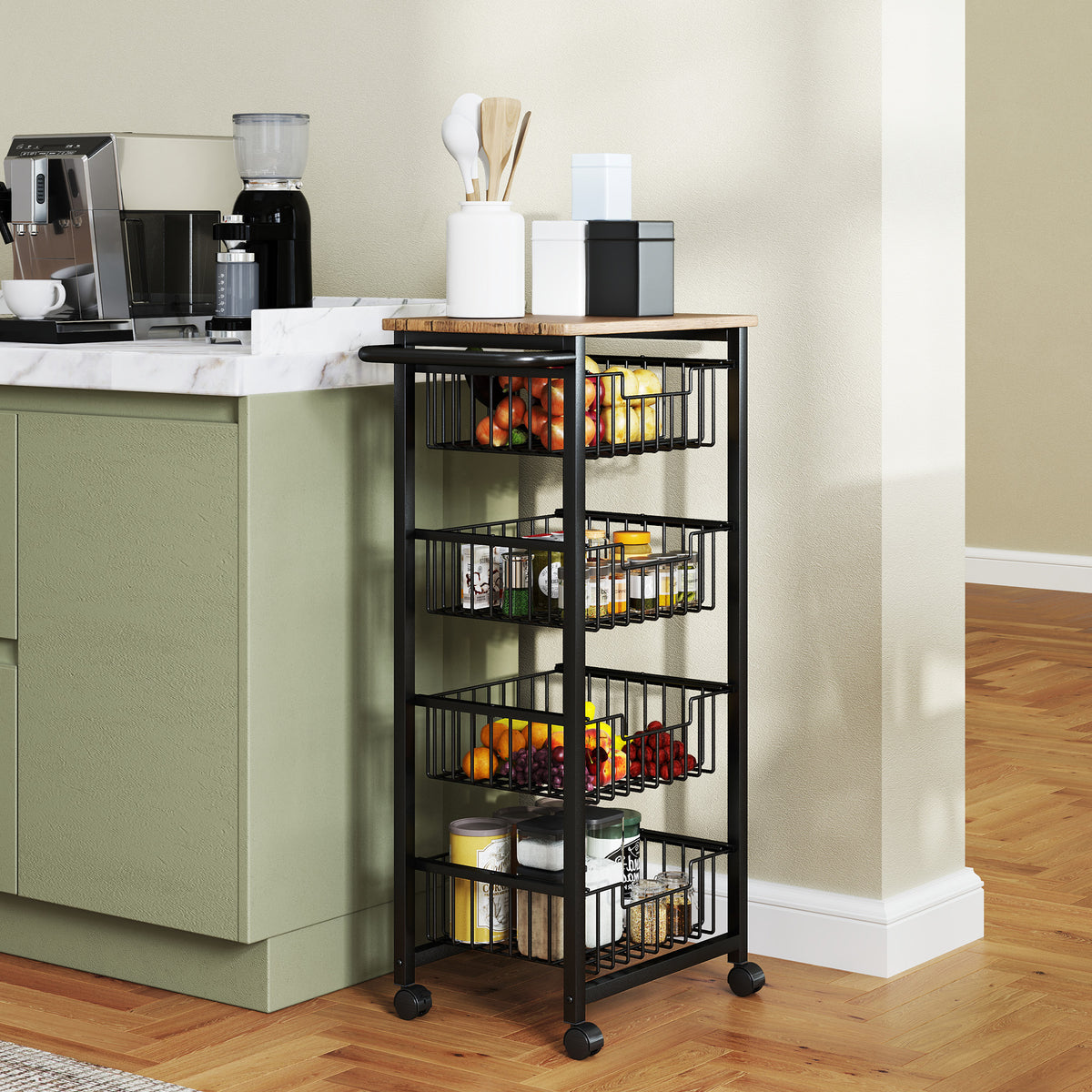 4-tier kitchen trolley on wheels, rolling serving cart, kitchen trolley with 4 steel baskets, serving cart (2)