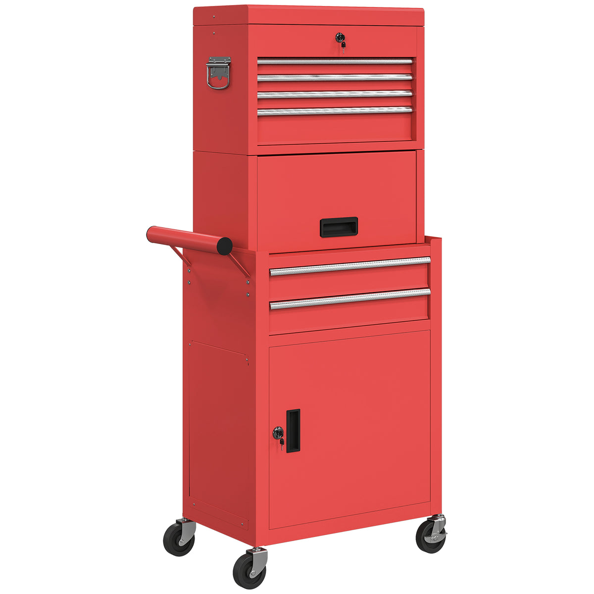 Mobile tool cabinet, 6 drawers, 2 cabinets, steel, lockable, red