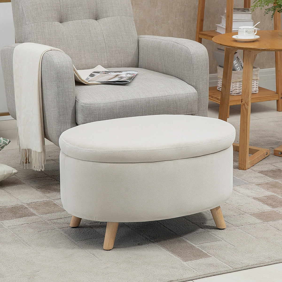 Storage bench, ottoman, oval shape, velvet look, up to 120 kg, 71 x 51.5 x 42 cm, beige (2)
