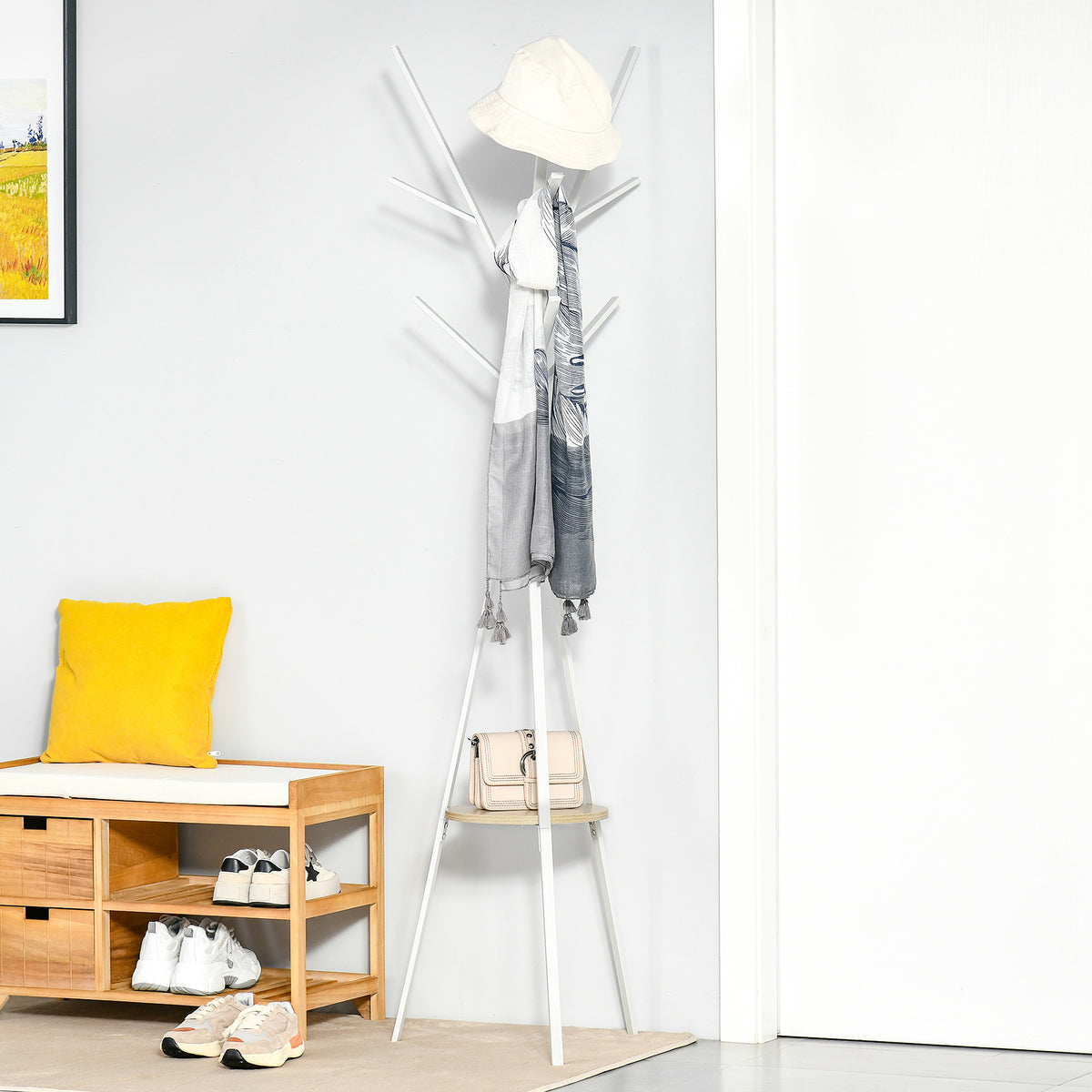 Coat Stand Clothes Rack with Shelf and 8 Hooks, Modern Coat Rack for Clothes, Hats, Bags, Living Room, White (2)