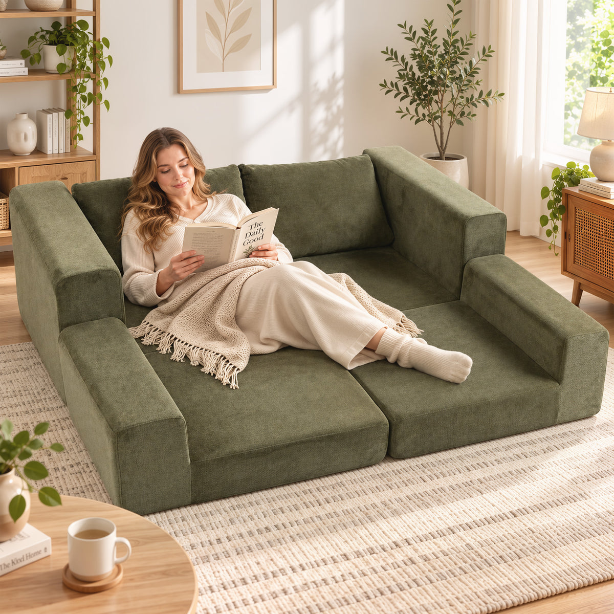 4-in-1 Sleeper Sofa, Pull-out Sofa Bed, Folding Couch with Pillow, 2-Seater, Green (2)