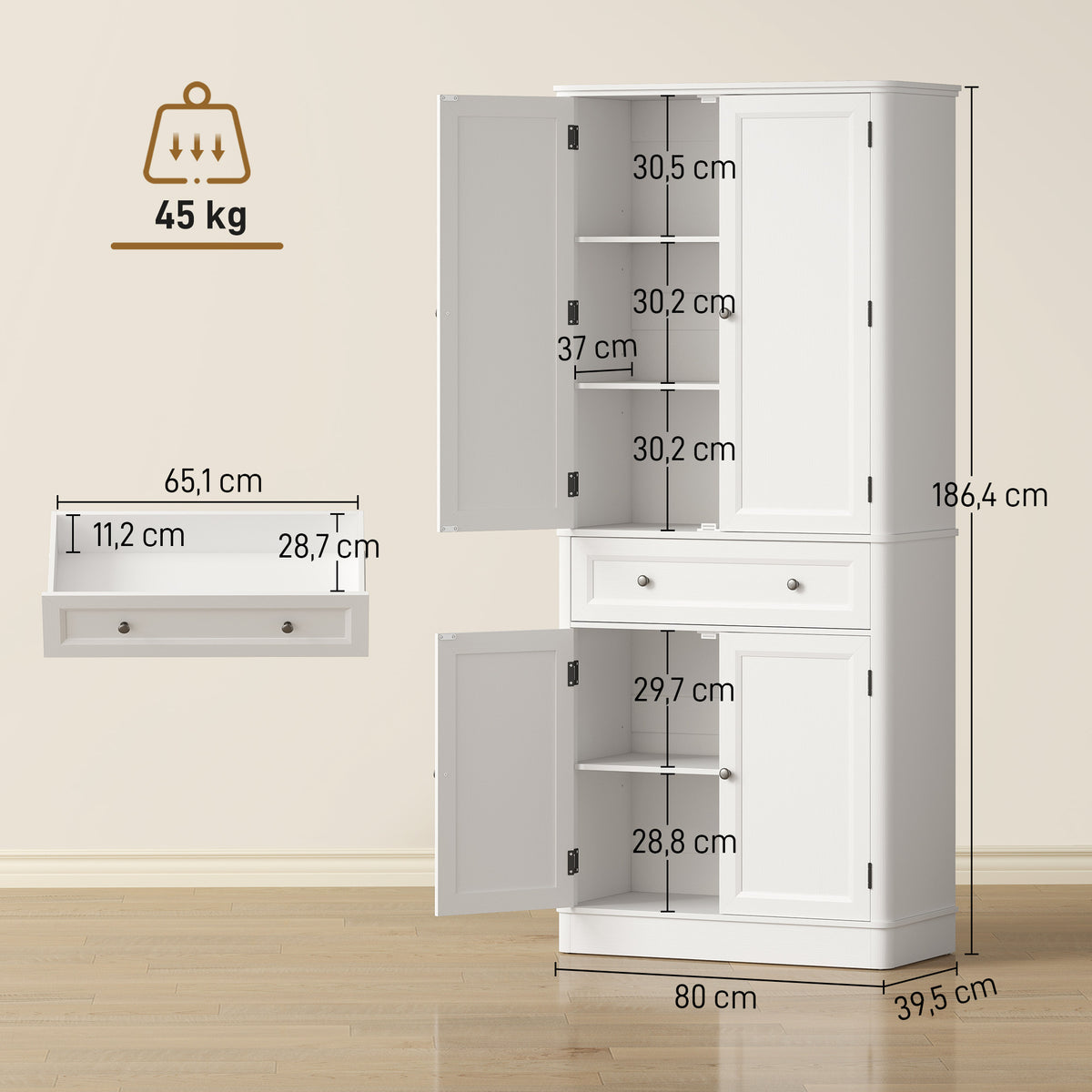 Kitchen cabinet with 4 doors, drawer and adjustable shelves for kitchen, 80 x 39.5 x 186.4 cm white (3)