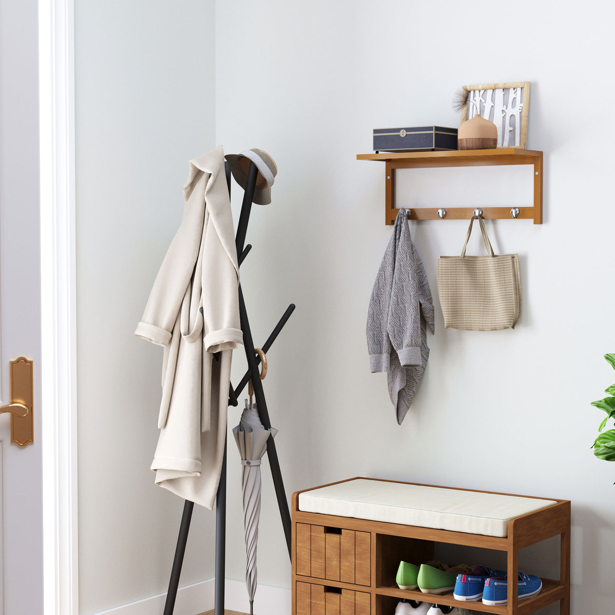 Wall coat rack, coat rack with hooks, wall-mounted, space-saving, 5 kg load capacity, 50 x 16 x 17.5 cm, natural (2)