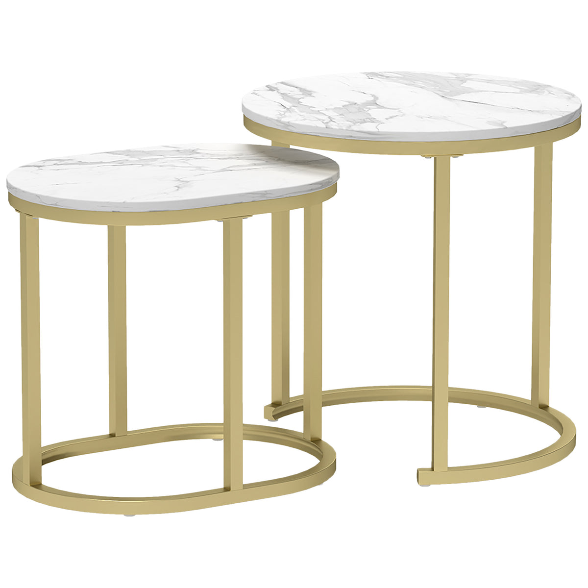 2-piece coffee table set, oval and round coffee table, stackable, marble look, steel, Ø50 x 50.5 cm, white