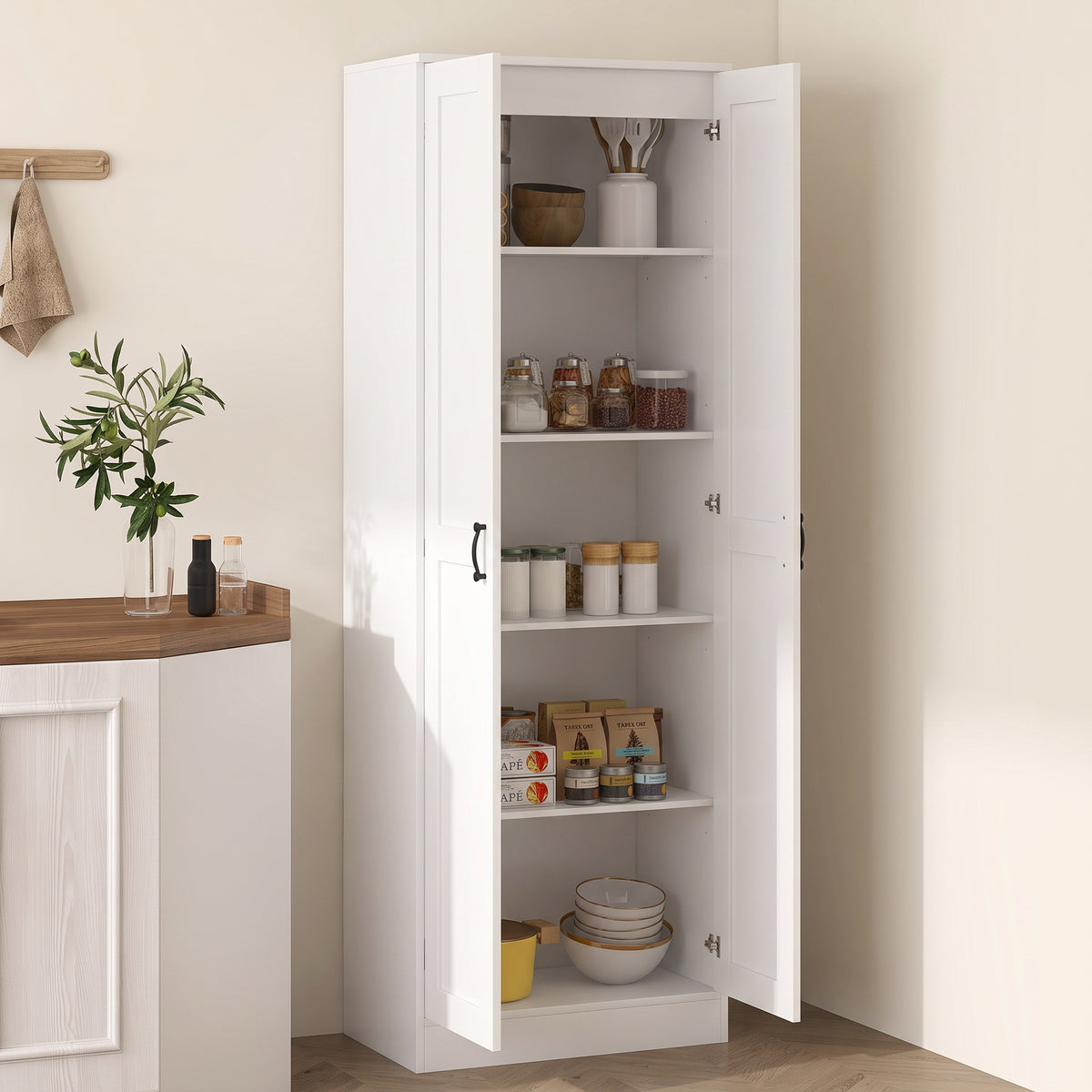 Pantry cabinet 175 cm with storage space, kitchen cabinet with soft-close doors and adjustable shelves, white (10)
