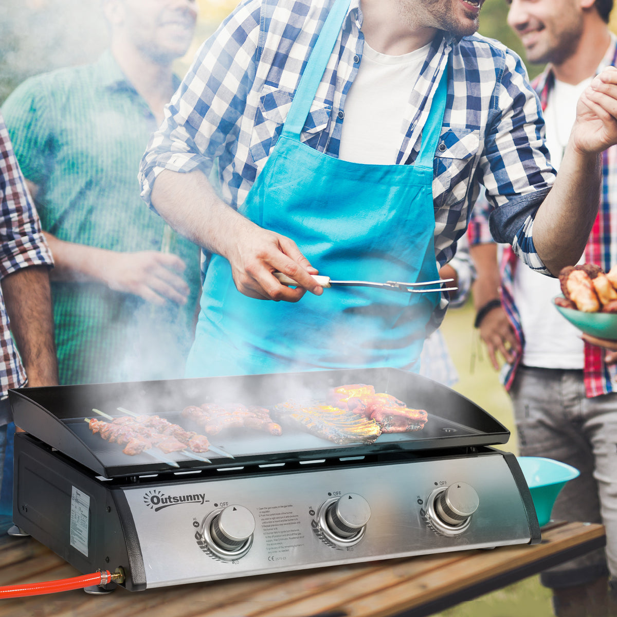 3-burner gas grill, hose, non-stick griddle, stainless steel, color: silver, 63 x 48 x 21 cm (2)