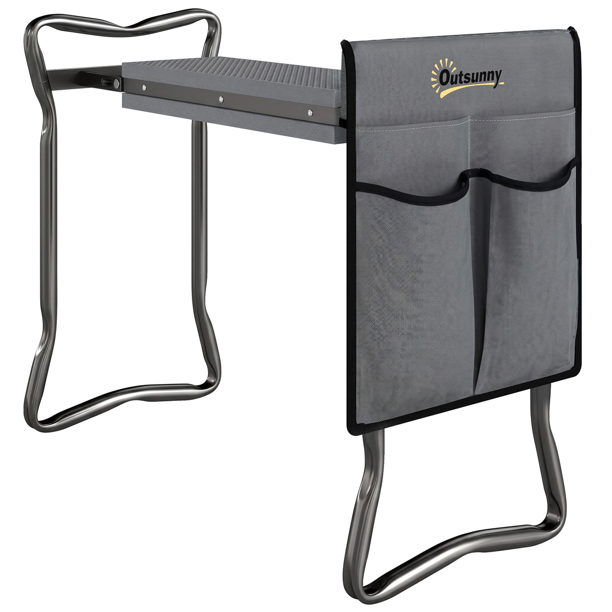 Foldable garden kneeler and seat with knee pad, tool pouches, up to 150 kg, 58 x 28 x 49 cm, gray