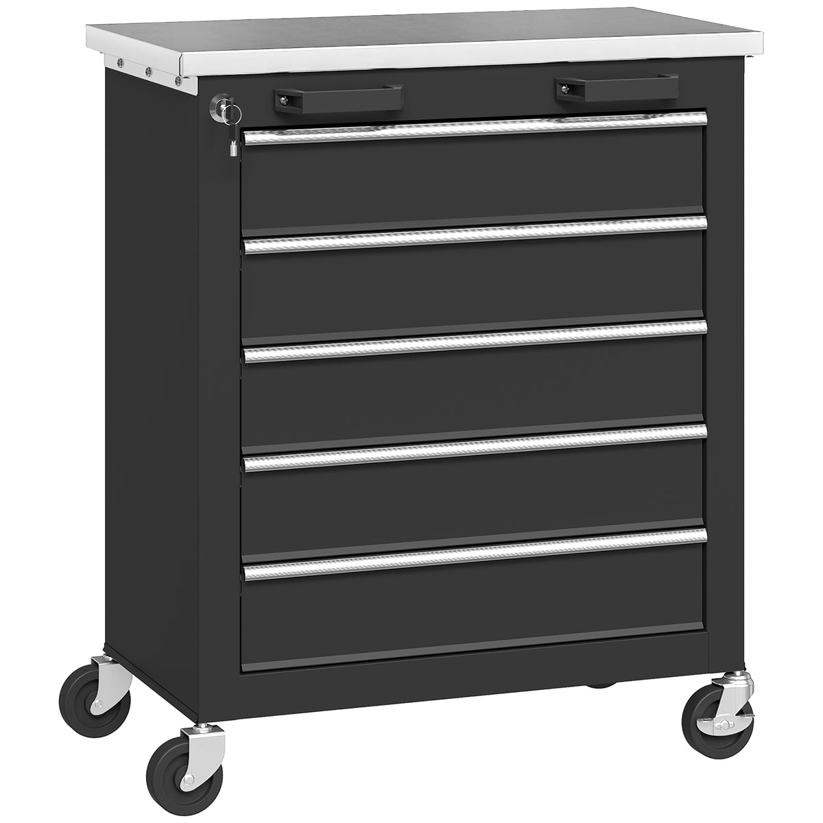 Tool cabinet with 5 drawers, rolling tool chest, steel tool trolley, silver tone+black