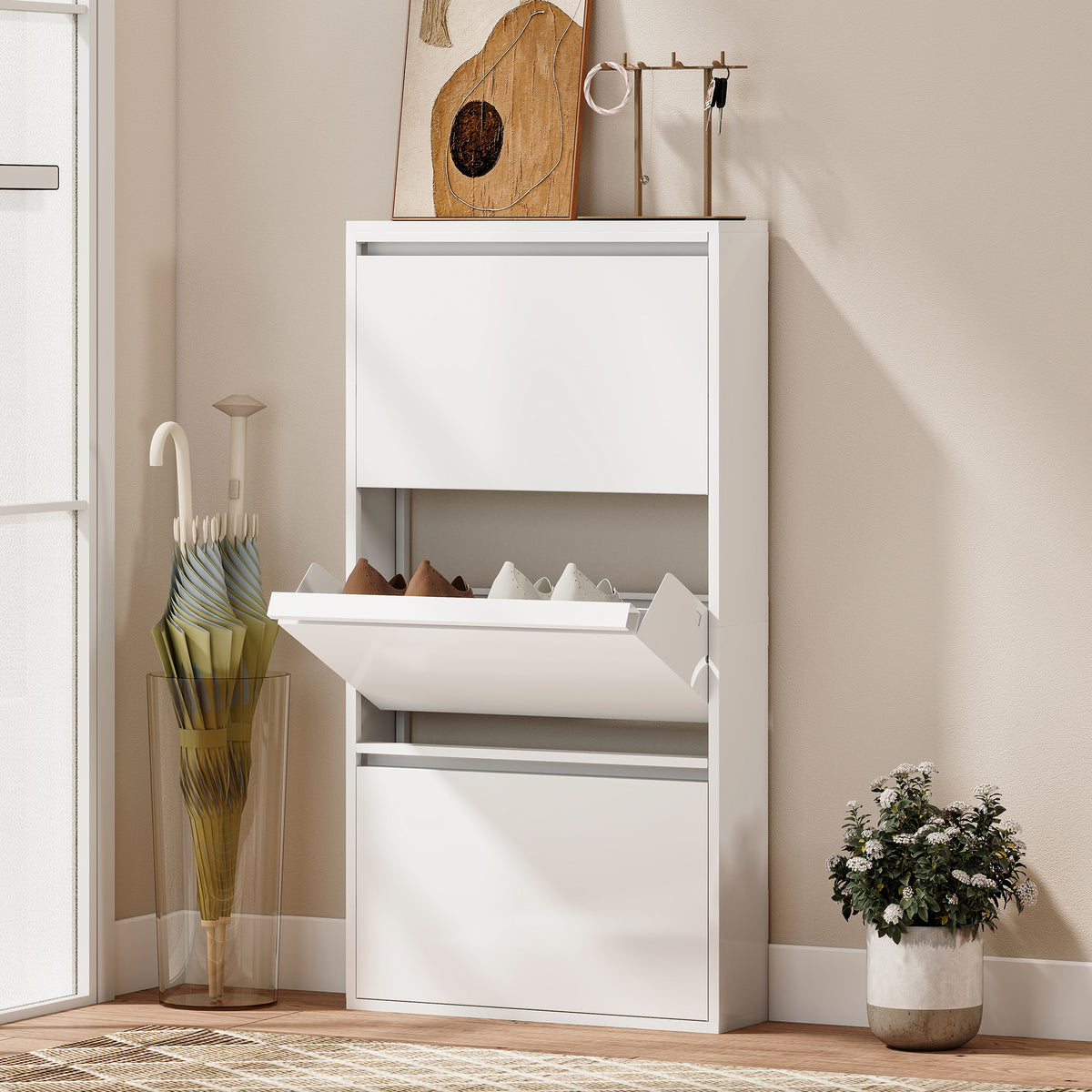 Metal shoe cabinet with 3 tilt-out compartments, slim shoe storage, wall-mounted, for 6 pairs of shoes, white – assembled