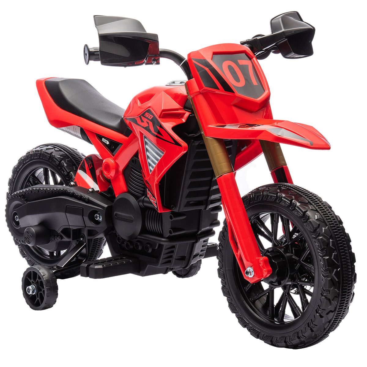 Electric motorcycle for children, 6V battery-powered, training wheels, horn, engine start sound, 3-8 years, red