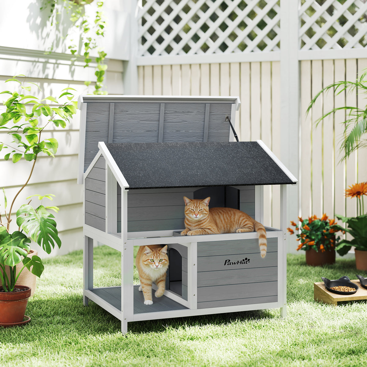 Outdoor cat house, outdoor cat shelter, waterproof, hinged roof, spruce wood, 80 x 93 x 95, gray (2)