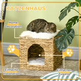 Cat cave made of water hyacinth grass, 2 lying areas, 2 washable cushions, natural + white (7)