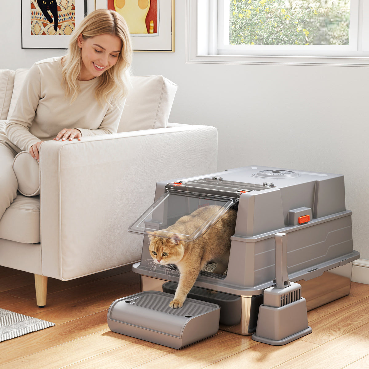XXL Stainless Steel Cat Litter Box 130L with 180° Hinged Lid, High Sides, Scoop, and Step, 70x50x43cm, Grey (2)
