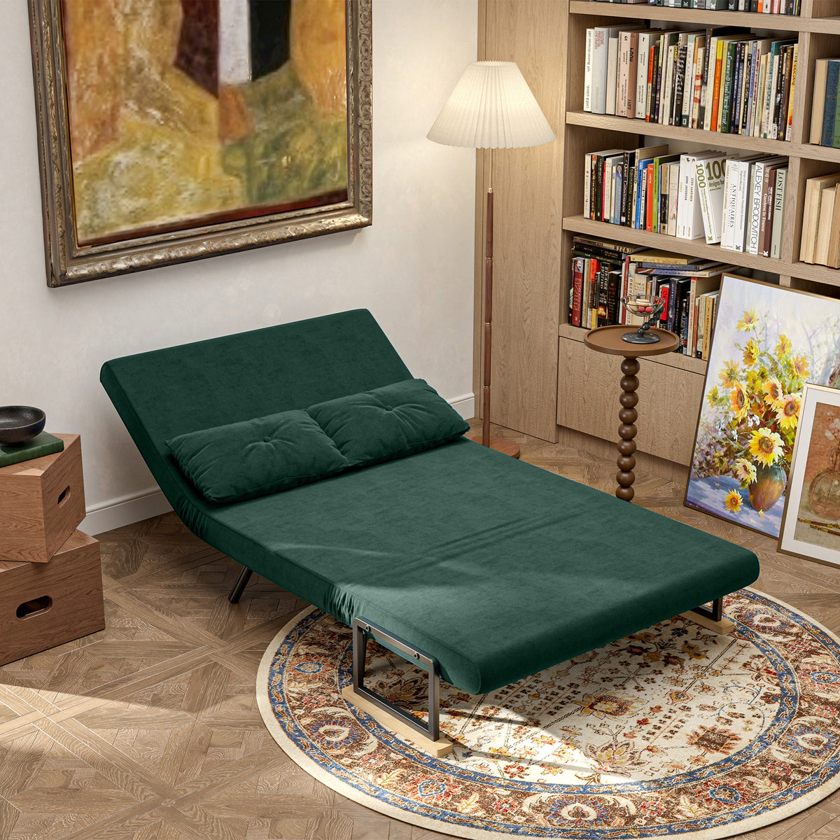 Sofa bed, 2-seater sofa, velvet sofa, sleeping function, incl. 2 cushions, velvet look, nature + green (9)