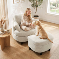 Armchair with storage ottoman, corduroy upholstery, wraparound reading chair with adjustable headrest, wide seat (9)