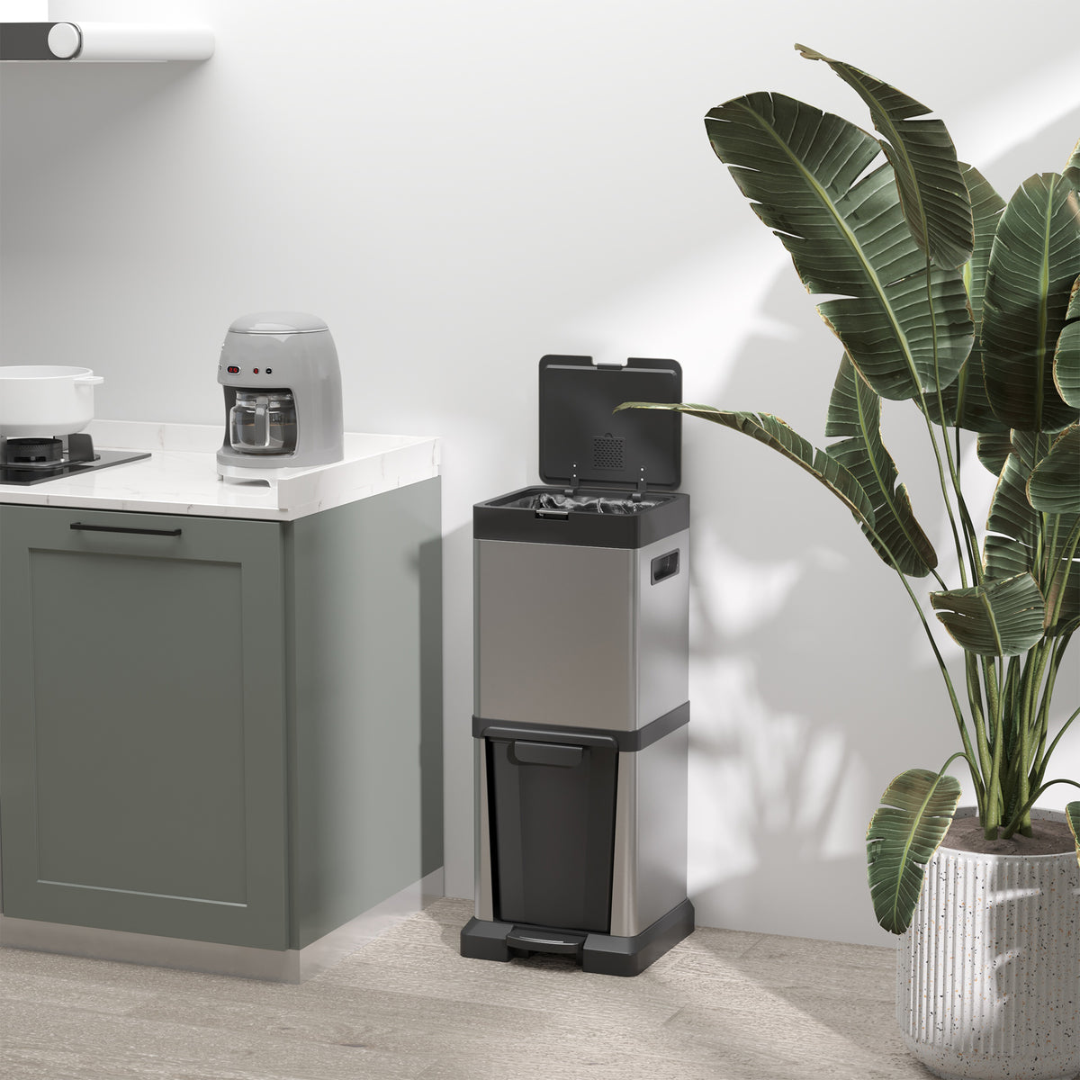 20+14L trash can, pedal bin with lid, foot pedal, tilt compartment, removable inner buckets, stainless steel (2)