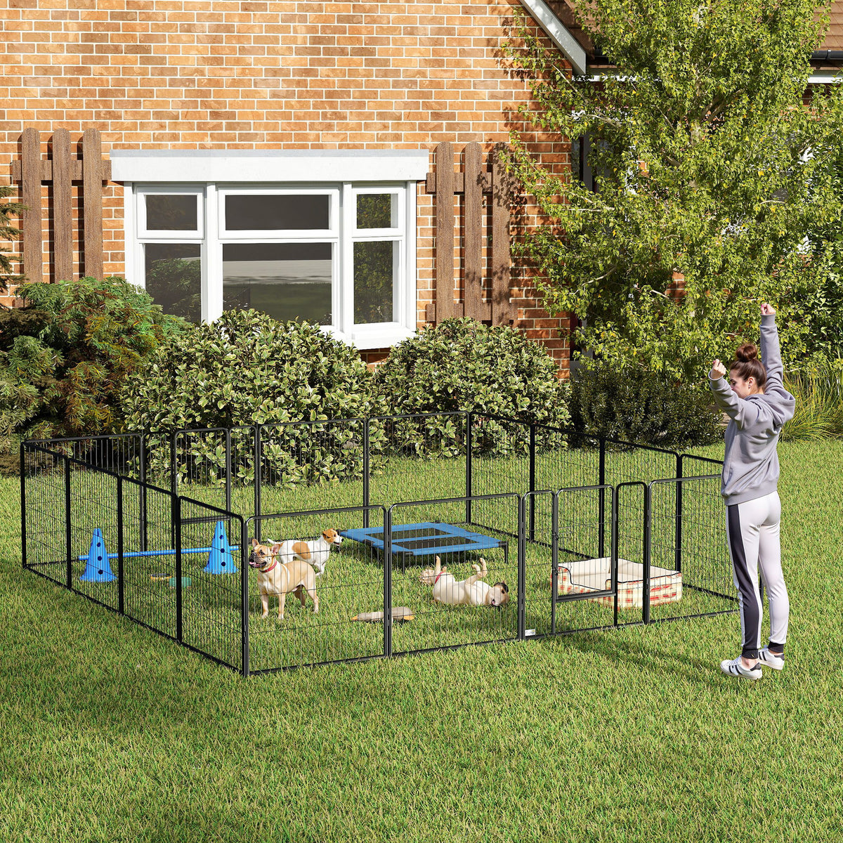 Puppy playpen, 16-panel foldable puppy run with door for small to medium dogs, 3.2 x 3.2 x 0.8 m, grey (10)
