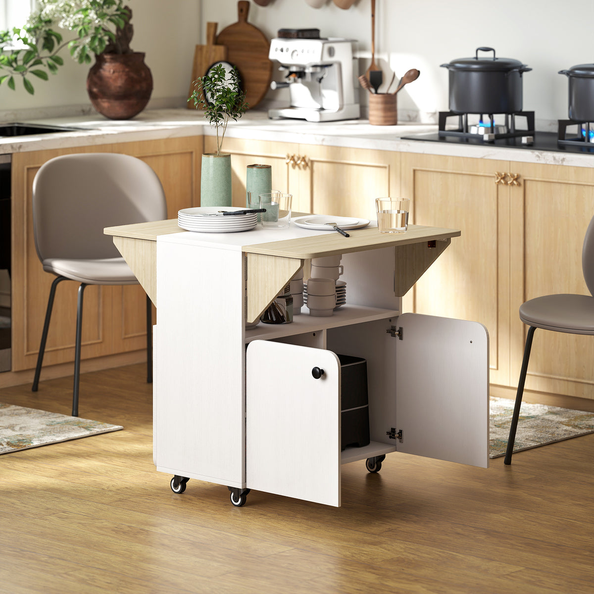 Folding table rolling cabinet, two foldable table sides, cabinet compartment, 4 casters, white + natural wood (2)