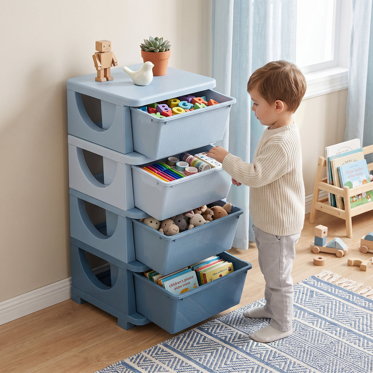 Storage boxes for children, 4 drawers, rounded edges, raised design, plastic, blue (2)