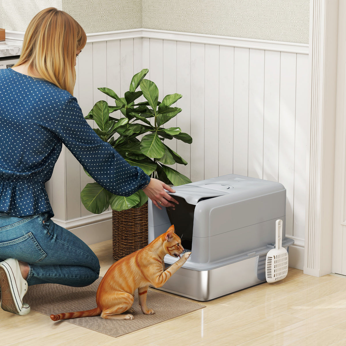 Cat litter box, stainless steel tray, filter, scoop, for cats up to 6 kg, 40.5 x 60.5 x 41.5 cm, grey/silver (2)
