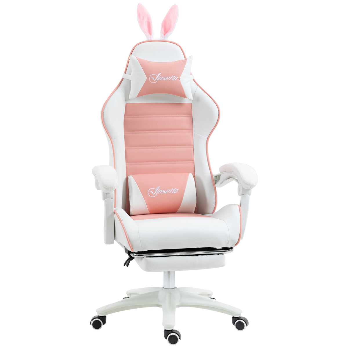 Gaming Chair Ergonomic Gamer Chair with Lumbar Support, Footrest, Bunny Ear Headrest Pink
