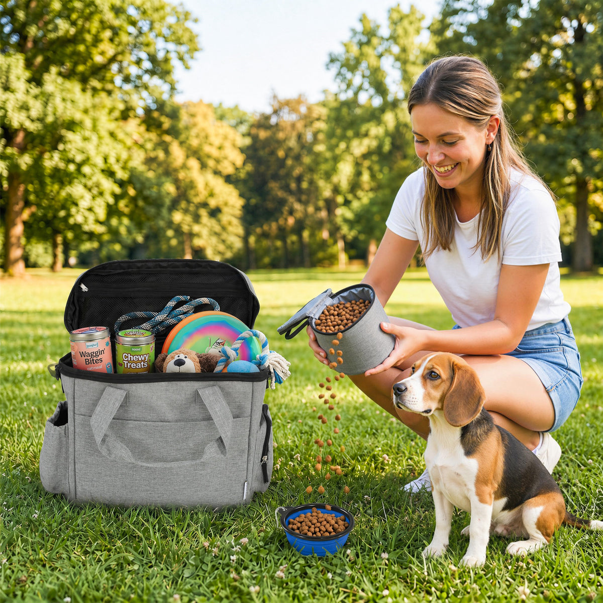 Dog crate transport box for dogs with multiple compartments, 2 food containers, collapsible, silicone bowl (2)